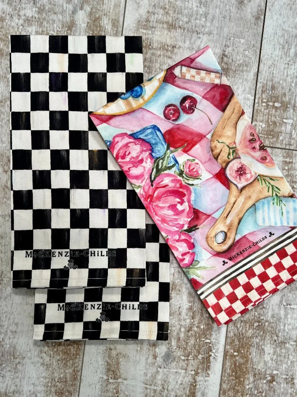 3 MacKenzie-Childs Courtly Check & Cherry Picnic Dish Towels